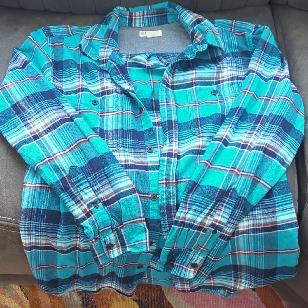 Blue and Green Plaid Button-Up Shirt